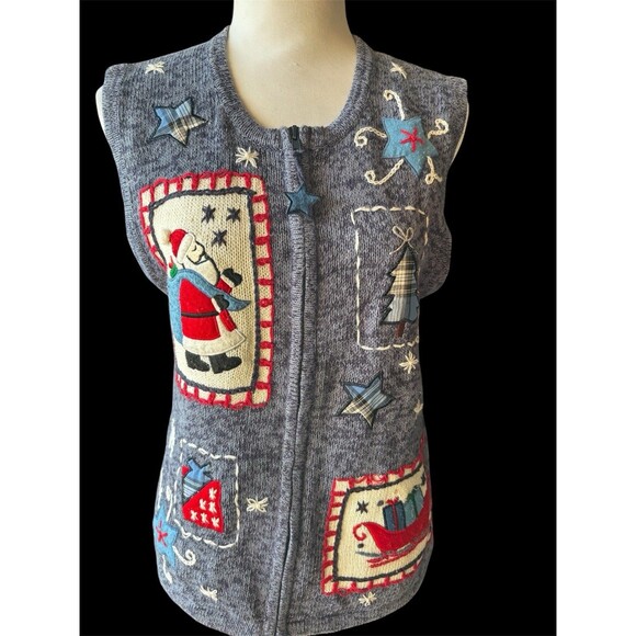 Vtg Bobbie Brooks Patchwork Embroidered Christmas Sweater Vest Cottagecore S - Picture 1 of 11
